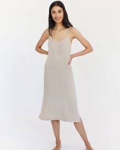 Oatmeal 100% French Flax Linen Midi Dress -Bed Series Store 21.05.28BedThreads1704 V01.01