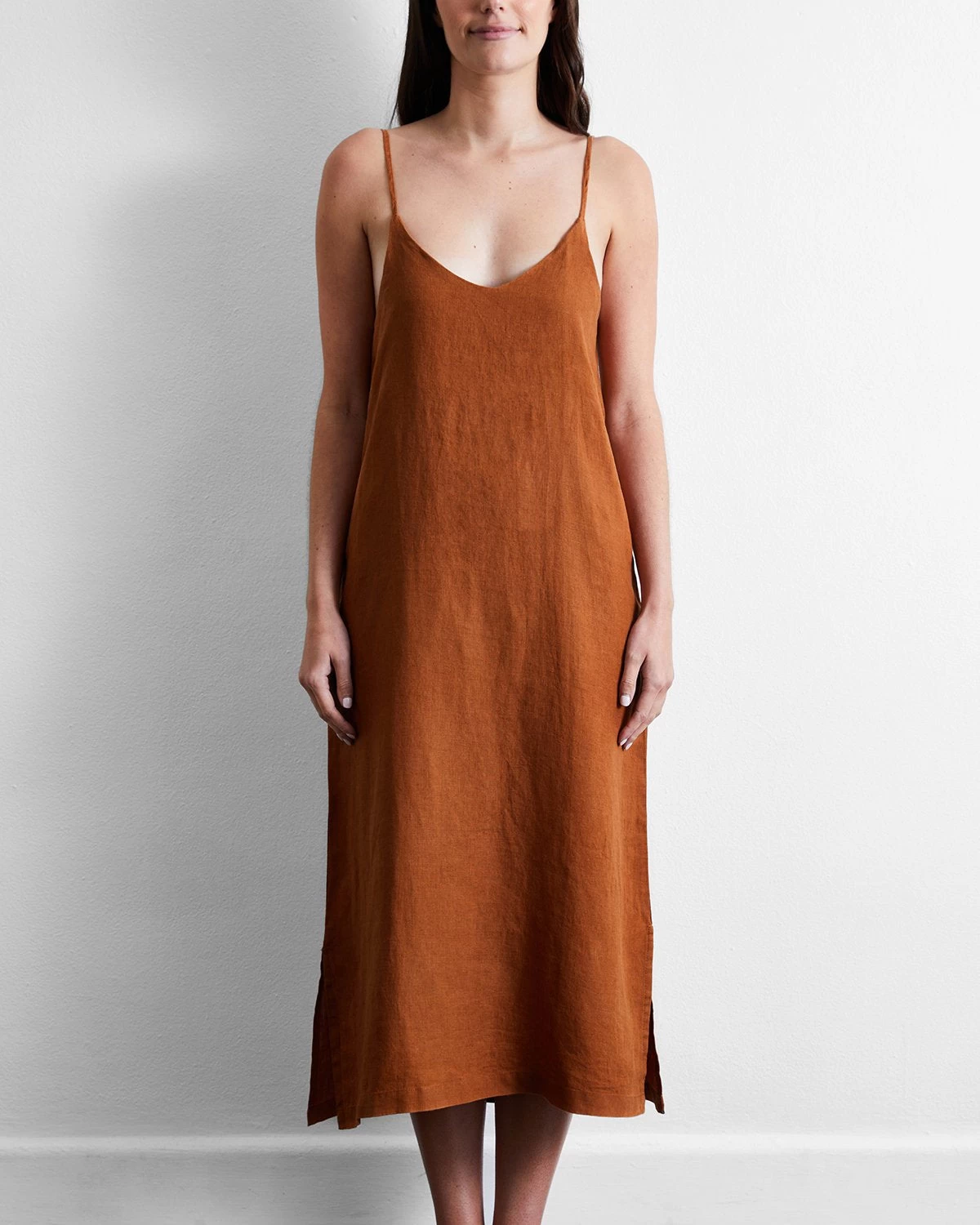 Rust 100% French Flax Linen Midi Dress 3 Rust 100% French Flax Linen Midi Dress