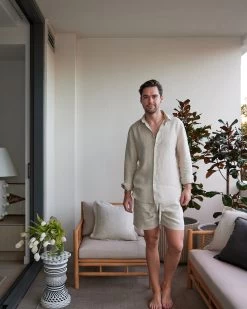 Oatmeal 100% French Flax Linen Men's Long Sleeve Shirt -Bed Series Store Bed Threads Ed Hansen 08 Menswear Outdoor Oatmeal 628