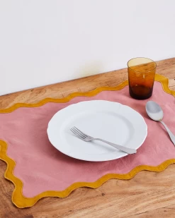 Pink Clay & Turmeric 100% French Flax Linen Scalloped Placemats (Set Of Four)