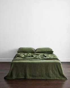 Olive Stripe 100% French Flax Linen Flat Sheet