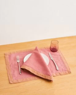 Pink Clay & Hazelnut 100% French Flax Linen Trim Napkins (Set Of Four)