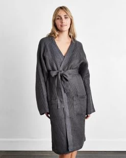 Charcoal 100% French Flax Linen Waffle Robe -Bed Series Store ch 02