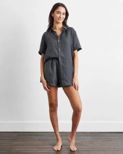 Charcoal 100% French Flax Linen Short Sleeve Shirt -Bed Series Store charcoal top 04