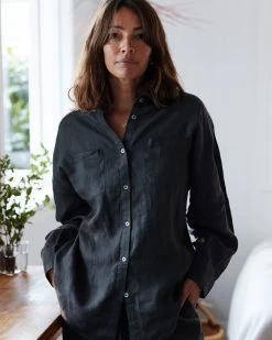 Charcoal 100% French Flax Linen Long Sleeve Shirt -Bed Series Store charcoallongsleeve