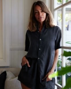 Charcoal 100% French Flax Linen Short Sleeve Shirt -Bed Series Store charcoalshortsleeve