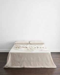 Oatmeal & White Stripe 100% French Flax Linen Flat Sheet