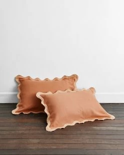 Hazelnut & Terracotta 100% French Flax Linen Scalloped Pillowcases (Set Of Two)