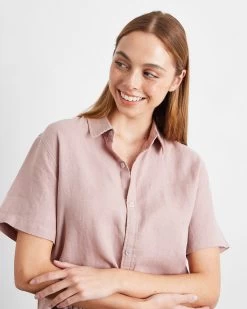 Lavender 100% French Flax Linen Short Sleeve Shirt -Bed Series Store lavender top 01