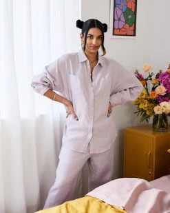 Lilac 100% French Flax Linen Pants -Bed Series Store lilac pant