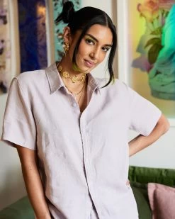 Lilac 100% French Flax Linen Short Sleeve Shirt -Bed Series Store lilac sshirt