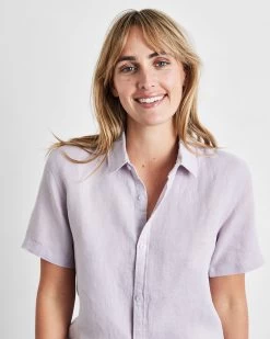 Lilac 100% French Flax Linen Short Sleeve Shirt -Bed Series Store lilac sshirt 4