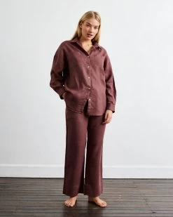 Cacao 100% French Flax Linen Long Sleeve Shirt -Bed Series Store ls 03