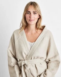 Oatmeal 100% French Flax Linen Waffle Robe -Bed Series Store oat 01