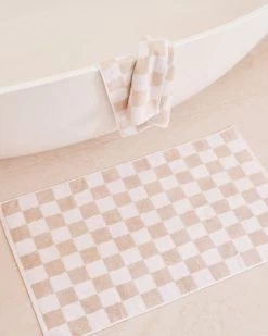 White & Oatmeal Check 100% French Flax Linen Terry Bath Mat -Bed Series Store oatmeal white 2