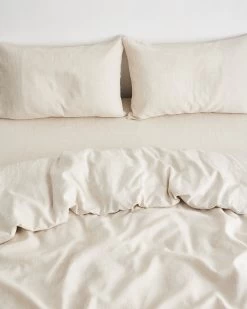 Oatmeal & White Stripe 100% French Flax Linen Bedding Set -Bed Series Store oatstripe4