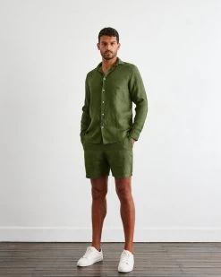 Olive 100% French Flax Linen Men's Long Sleeve Shirt 8 Olive 100% French Flax Linen Men's Long Sleeve Shirt -Bed Series Store ol lss3