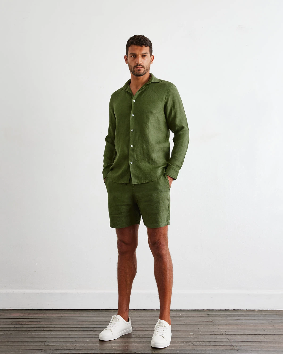 Olive 100% French Flax Linen Men's Long Sleeve Shirt 5 Olive 100% French Flax Linen Men's Long Sleeve Shirt - Image 3