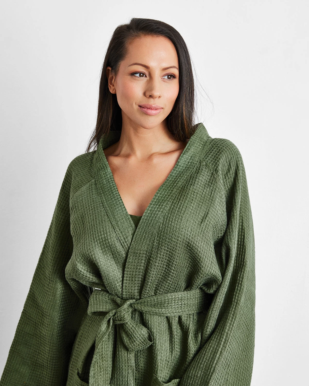 Olive 100% French Flax Linen Waffle Robe 6 Olive 100% French Flax Linen Waffle Robe - Image 4