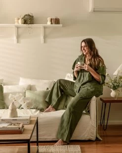 Olive 100% French Flax Linen Long Sleeve Shirt -Bed Series Store olive lsshirt pant