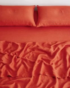 Paprika 100% French Flax Linen Fitted Sheet -Bed Series Store paprika fitted 2
