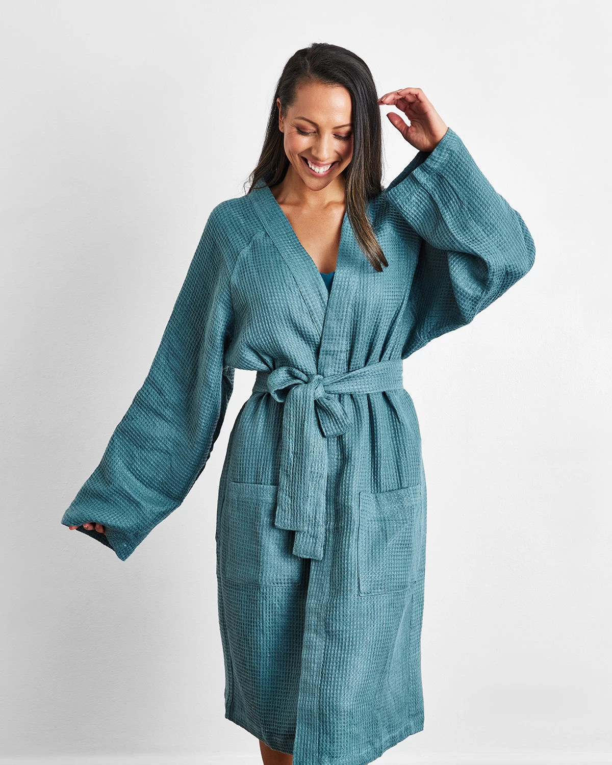 Petrol 100% French Flax Linen Waffle Robe 3 Petrol 100% French Flax Linen Waffle Robe