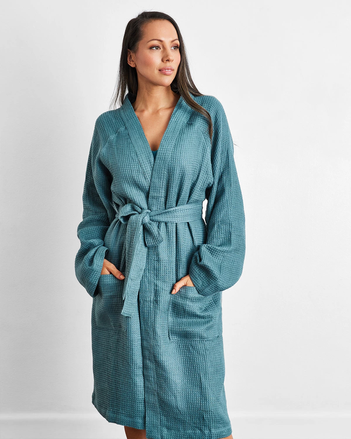 Petrol 100% French Flax Linen Waffle Robe 5 Petrol 100% French Flax Linen Waffle Robe - Image 3