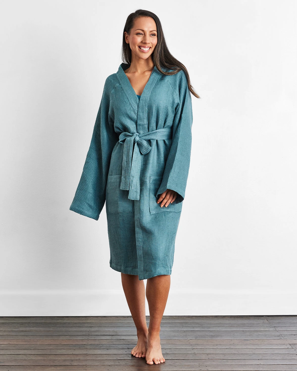 Petrol 100% French Flax Linen Waffle Robe 4 Petrol 100% French Flax Linen Waffle Robe - Image 2
