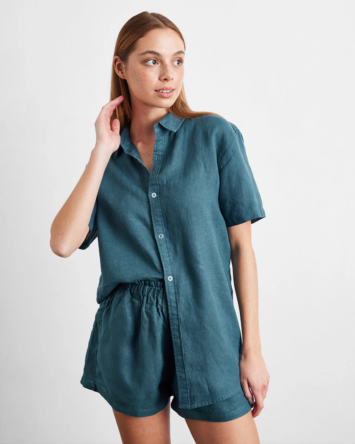 Petrol 100% French Flax Linen Short Sleeve Shirt 3 Petrol 100% French Flax Linen Short Sleeve Shirt