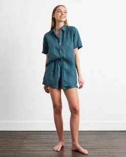 Petrol 100% French Flax Linen Short Sleeve Shirt 9 Petrol 100% French Flax Linen Short Sleeve Shirt -Bed Series Store petrol top 04