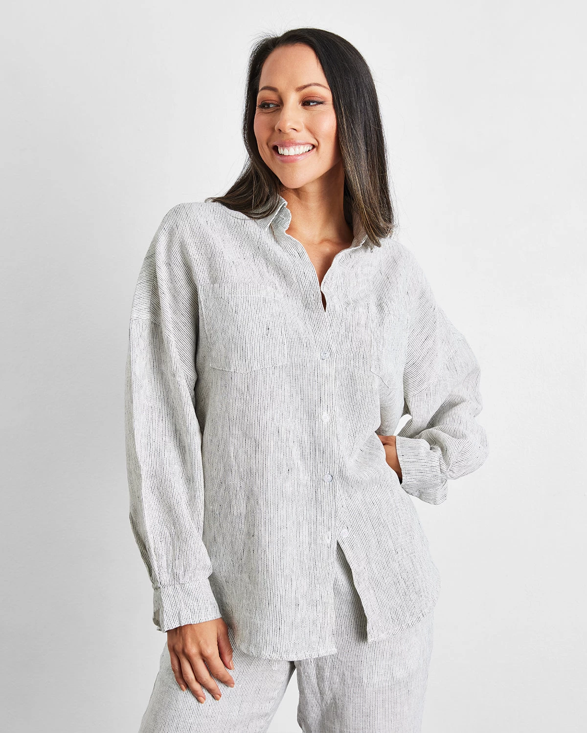 Pinstripe 100% French Flax Linen Long Sleeve Shirt 3 Pinstripe 100% French Flax Linen Long Sleeve Shirt