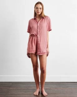 Pink Clay 100% French Flax Linen Short Sleeve Shirt 9 Pink Clay 100% French Flax Linen Short Sleeve Shirt -Bed Series Store pinkclay top 04