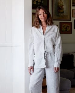 Pinstripe 100% French Flax Linen Long Sleeve Shirt 9 Pinstripe 100% French Flax Linen Long Sleeve Shirt -Bed Series Store pinstripe lshirt pant