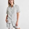 Pinstripe 100% French Flax Linen Short Sleeve Shirt -Bed Series Store pinstripe sshirt 02