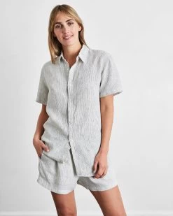 Pinstripe 100% French Flax Linen Short Sleeve Shirt