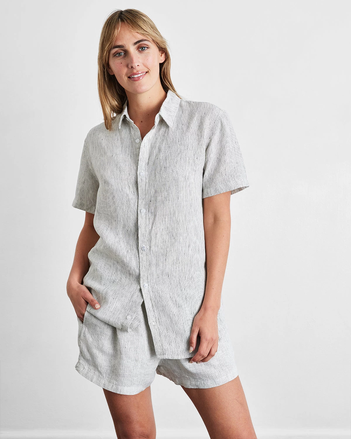 Pinstripe 100% French Flax Linen Short Sleeve Shirt 3 Pinstripe 100% French Flax Linen Short Sleeve Shirt