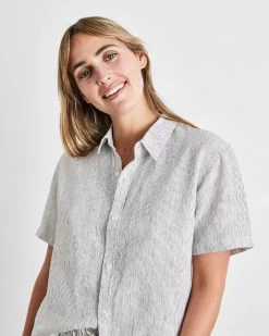 Pinstripe 100% French Flax Linen Short Sleeve Shirt 9 Pinstripe 100% French Flax Linen Short Sleeve Shirt -Bed Series Store pinstripe sshirt 04