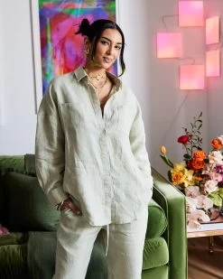 Sage 100% French Flax Linen Pants -Bed Series Store sage pant