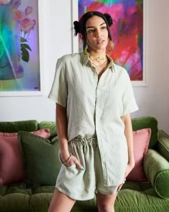 Sage 100% French Flax Linen Shorts -Bed Series Store sage short