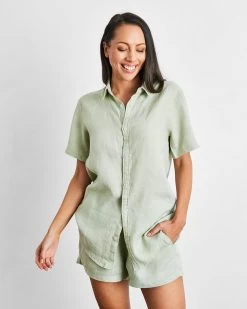 Sage 100% French Flax Linen Short Sleeve Shirt