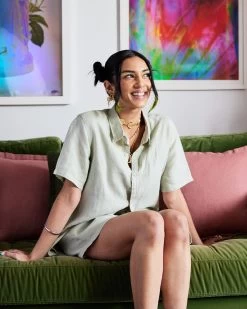 Sage 100% French Flax Linen Short Sleeve Shirt -Bed Series Store sage sshirt