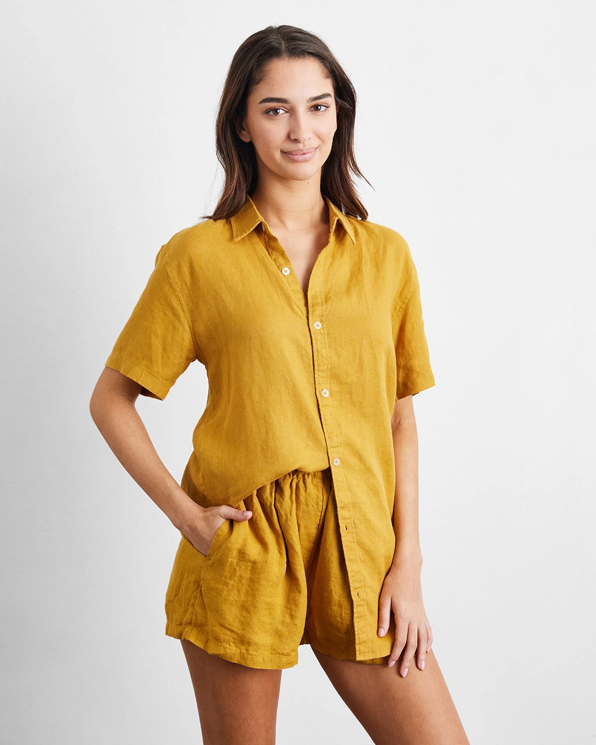Turmeric 100% French Flax Linen Short Sleeve Shirt 3 Turmeric 100% French Flax Linen Short Sleeve Shirt