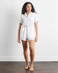 White 100% French Flax Linen Short Sleeve Shirt -Bed Series Store white top 04
