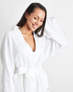 White 100% French Flax Linen Waffle Robe -Bed Series Store wht 01