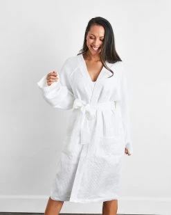 White 100% French Flax Linen Waffle Robe