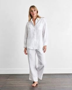 White 100% French Flax Linen Long Sleeve Shirt -Bed Series Store wht 05